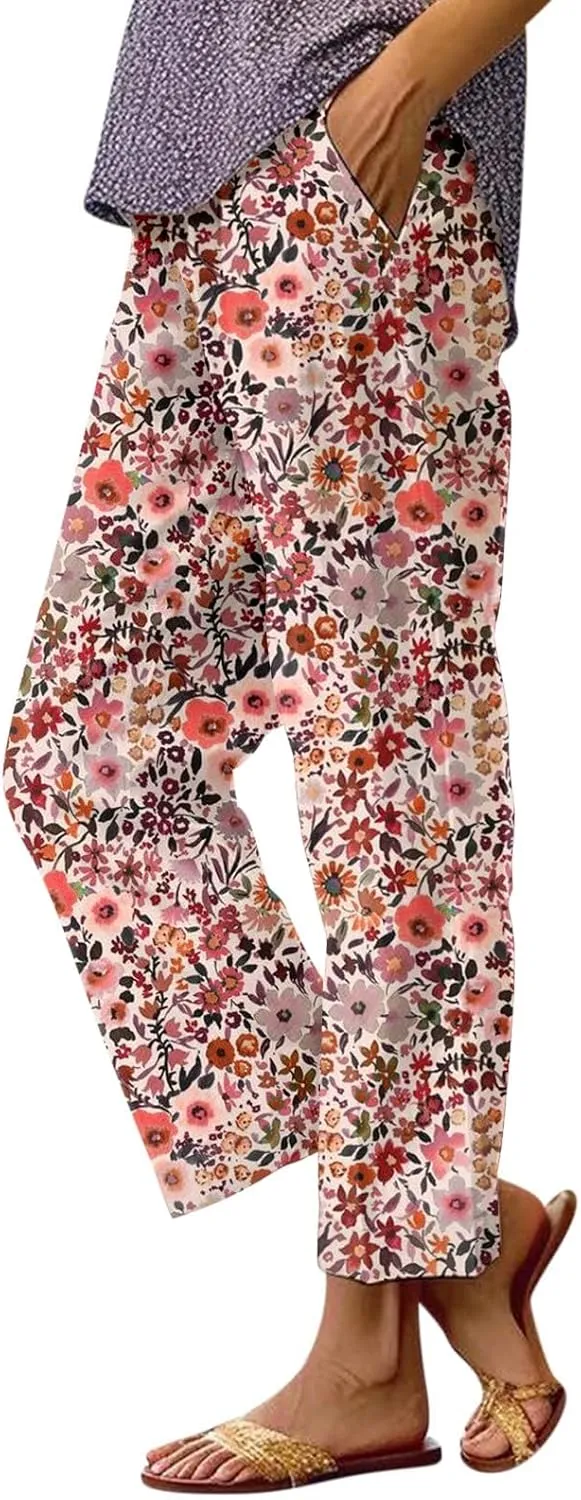 2025 Cotton Linen Pants for Women Summer Elastic Waist Cute Floral Print Straight Leg Slack Trousers with Pockets