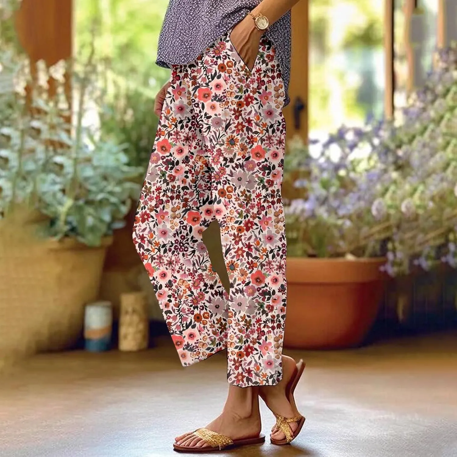2025 Cotton Linen Pants for Women Summer Elastic Waist Cute Floral Print Straight Leg Slack Trousers with Pockets