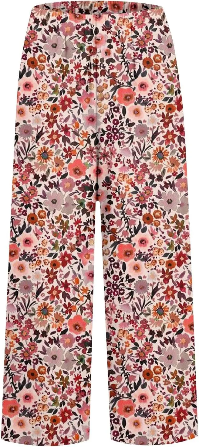 2025 Cotton Linen Pants for Women Summer Elastic Waist Cute Floral Print Straight Leg Slack Trousers with Pockets
