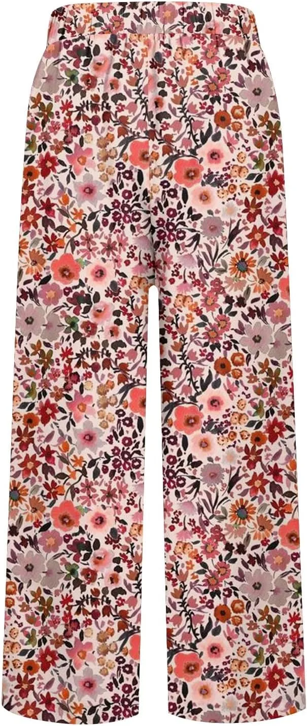2025 Cotton Linen Pants for Women Summer Elastic Waist Cute Floral Print Straight Leg Slack Trousers with Pockets