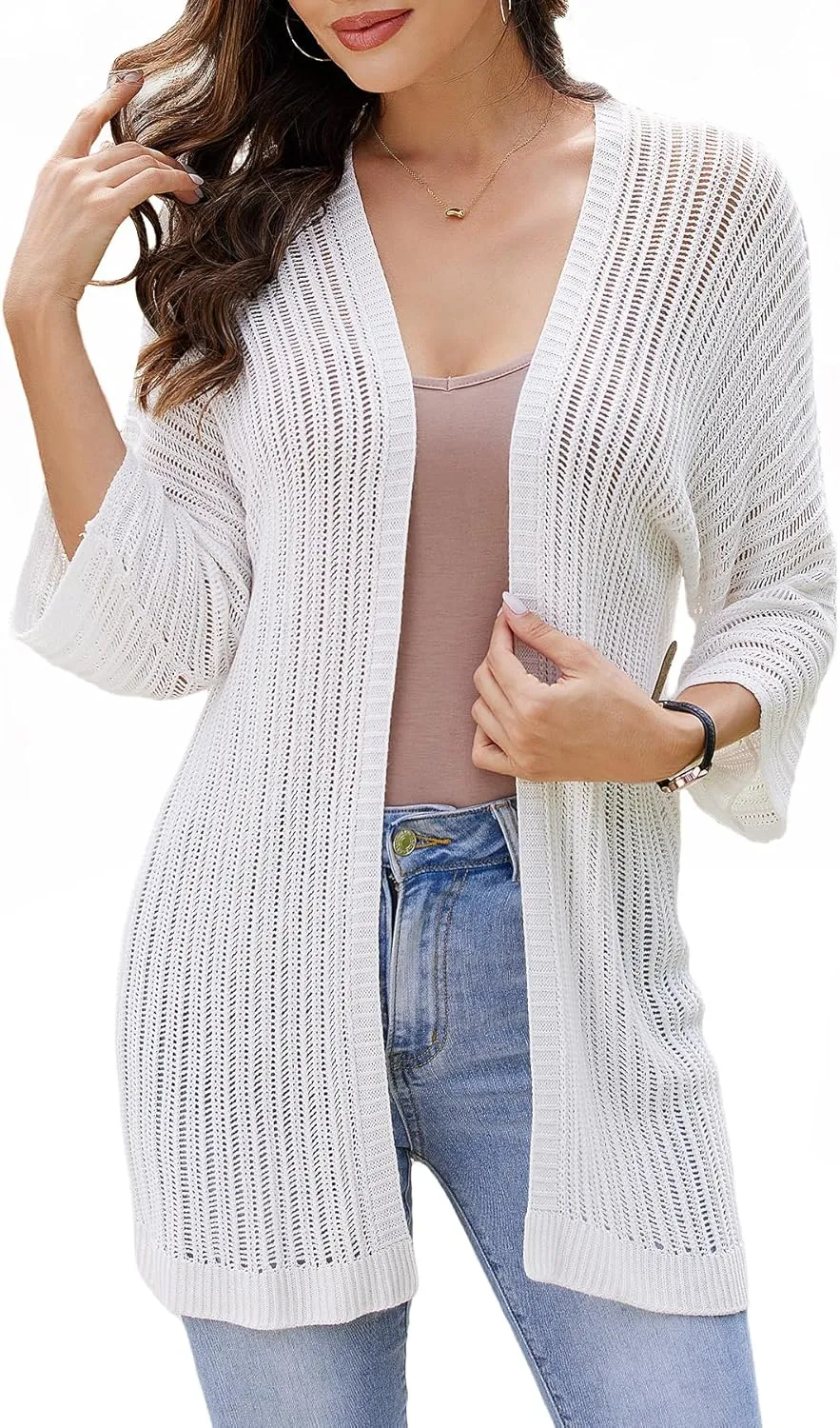 2025 Summer Women's Lightweight 3/4 Sleeve Crochet Cardigan Sweater Open Front Boho Beach Vacation Swimwear Outwear