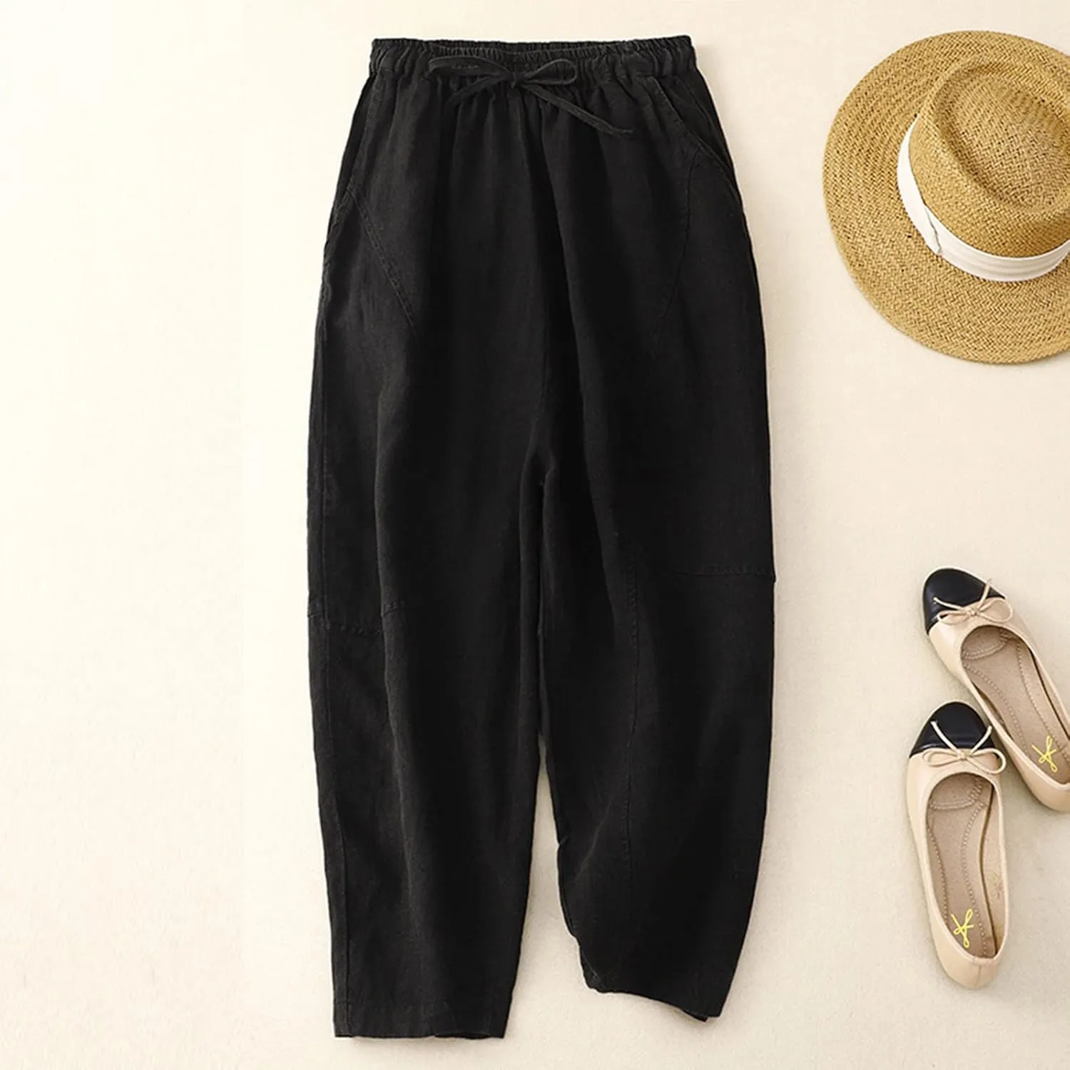 2025 Trendy Women's Embroidered Linen Pants - Solid Color Elastic Waist Casual Long Trousers with Floral Pattern