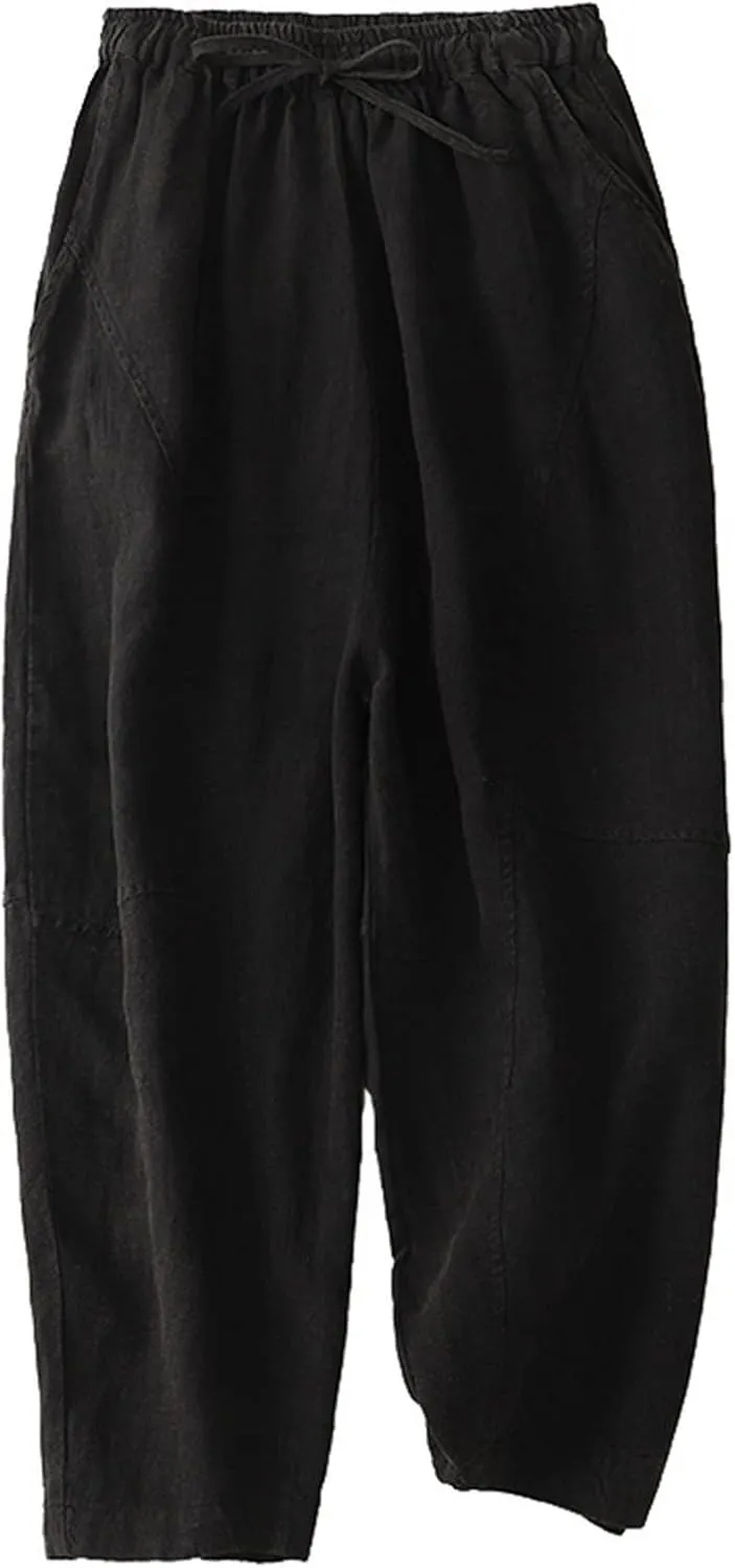 2025 Trendy Women's Embroidered Linen Pants - Solid Color Elastic Waist Casual Long Trousers with Floral Pattern