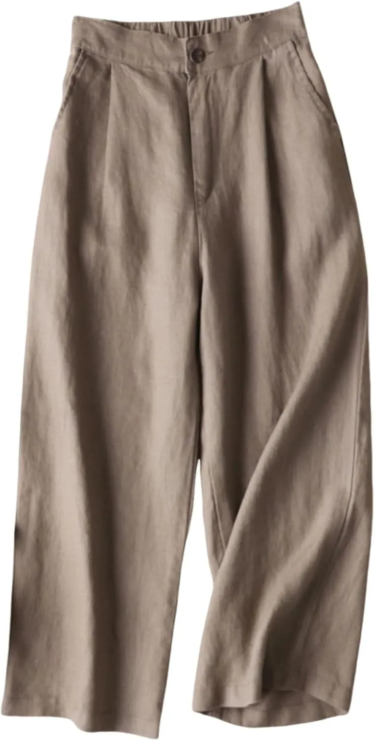 2025 Women Cotton Linen Trousers Elastic Forces Waisted Solid Color Trendy Casual Cropped Lounge Pants with Pockets