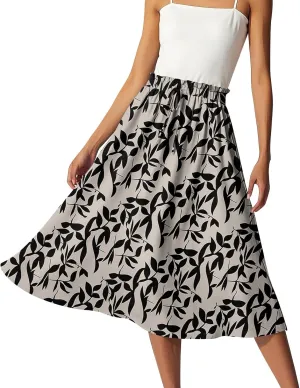 ADHOWBEW Womens Floral Maxi Skirt Summer Casual Smocked Sexy Elastic Waist Trendy Cotton Flowy Skirts