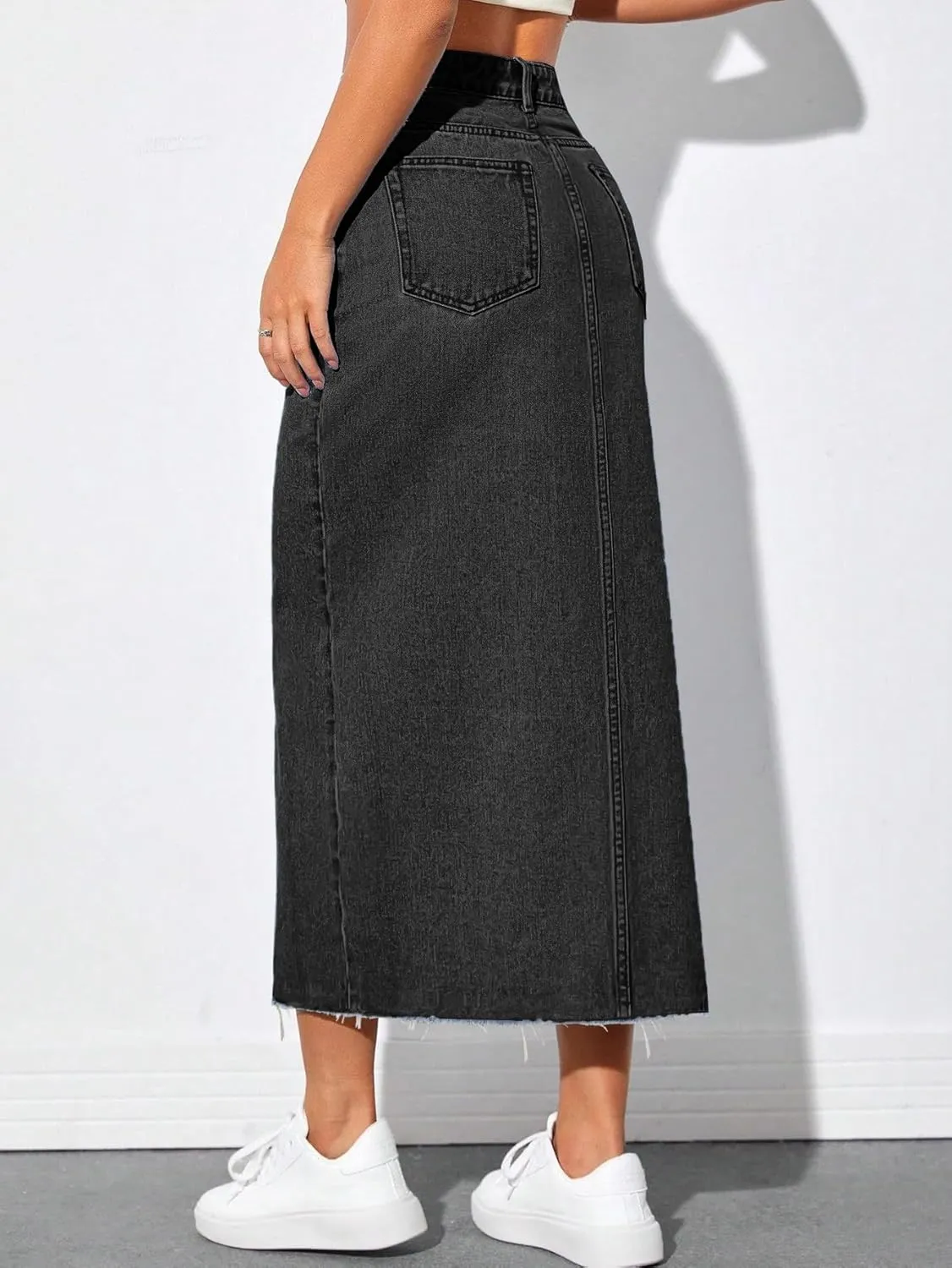 AiMgFUN Jean Skirt for Women Denim Skirt with Pockets Mid Waist Long Split Skirts