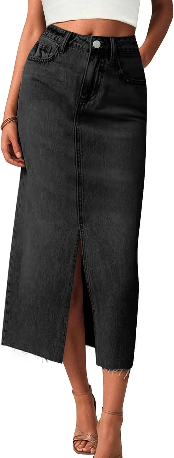 AiMgFUN Jean Skirt for Women Denim Skirt with Pockets Mid Waist Long Split Skirts