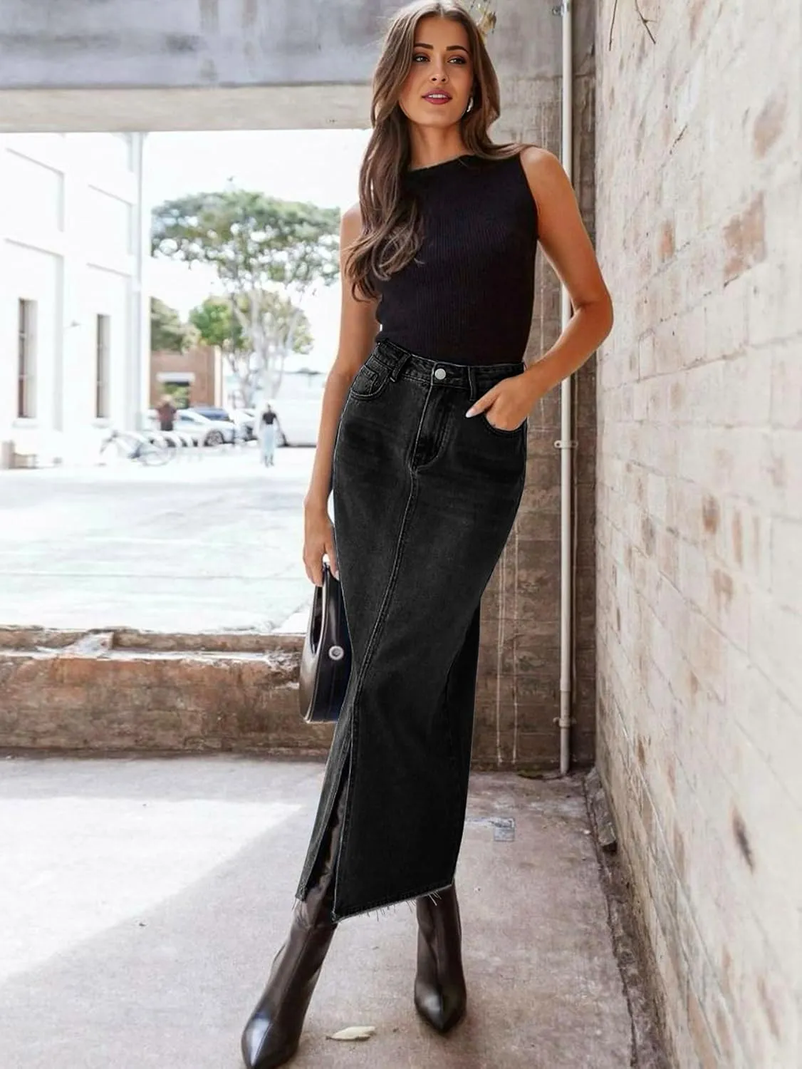 AiMgFUN Jean Skirt for Women Denim Skirt with Pockets Mid Waist Long Split Skirts