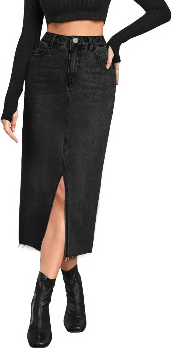 AiMgFUN Jean Skirt for Women Denim Skirt with Pockets Mid Waist Long Split Skirts