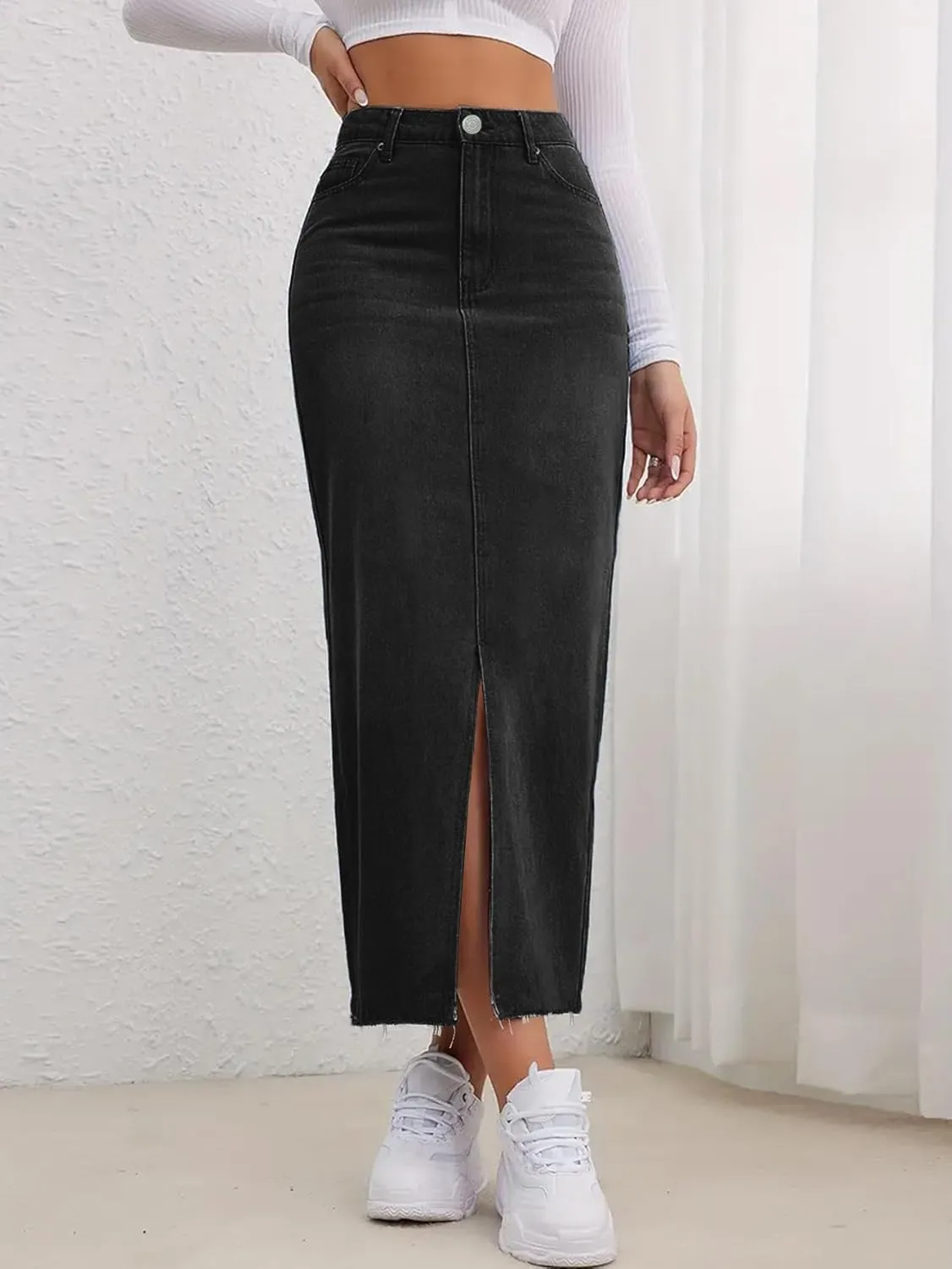 AiMgFUN Jean Skirt for Women Denim Skirt with Pockets Mid Waist Long Split Skirts