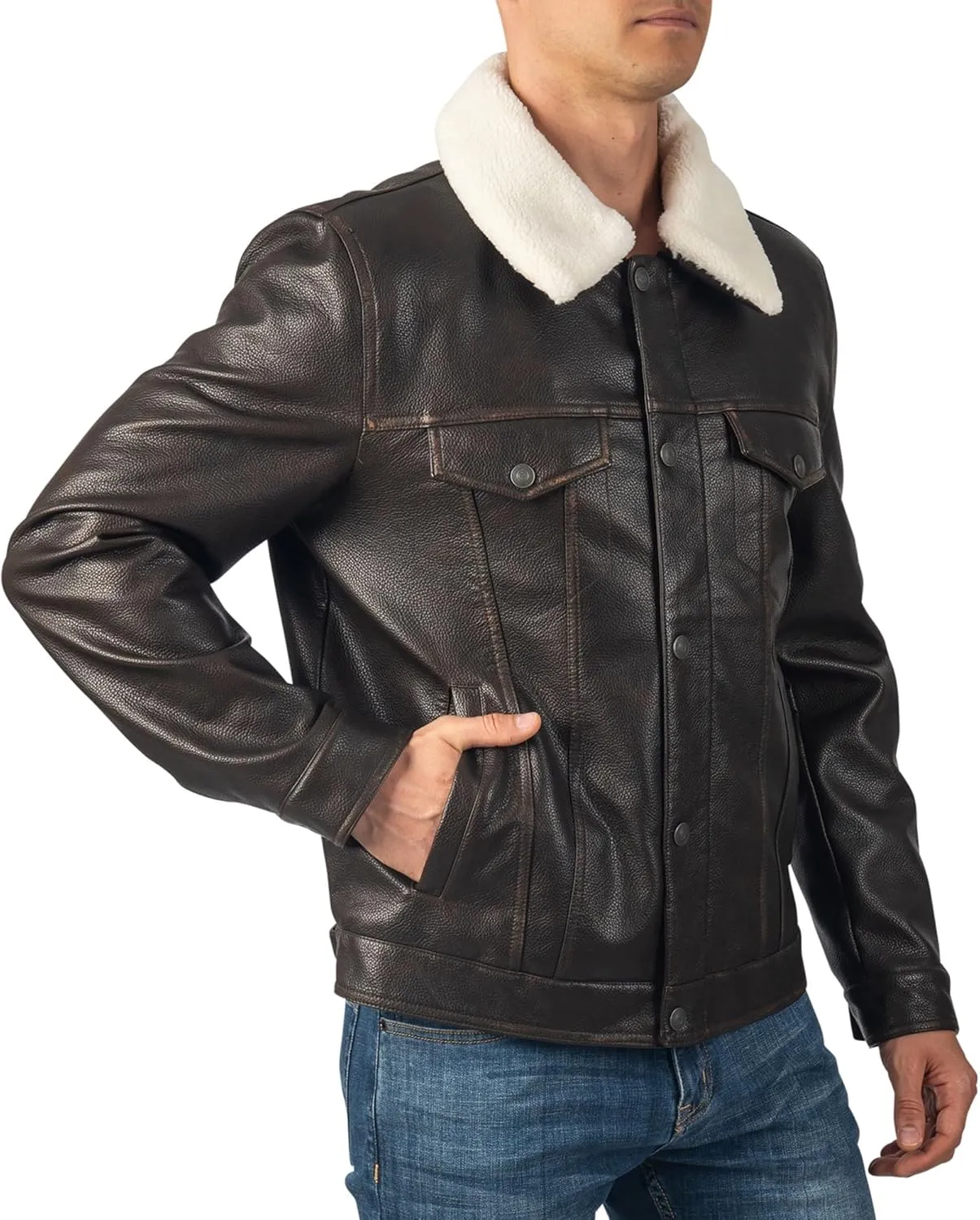 Alpine Swiss Aaron Mens Trucker Jacket Sherpa Collar Vegan Leather Warm Casual Coat