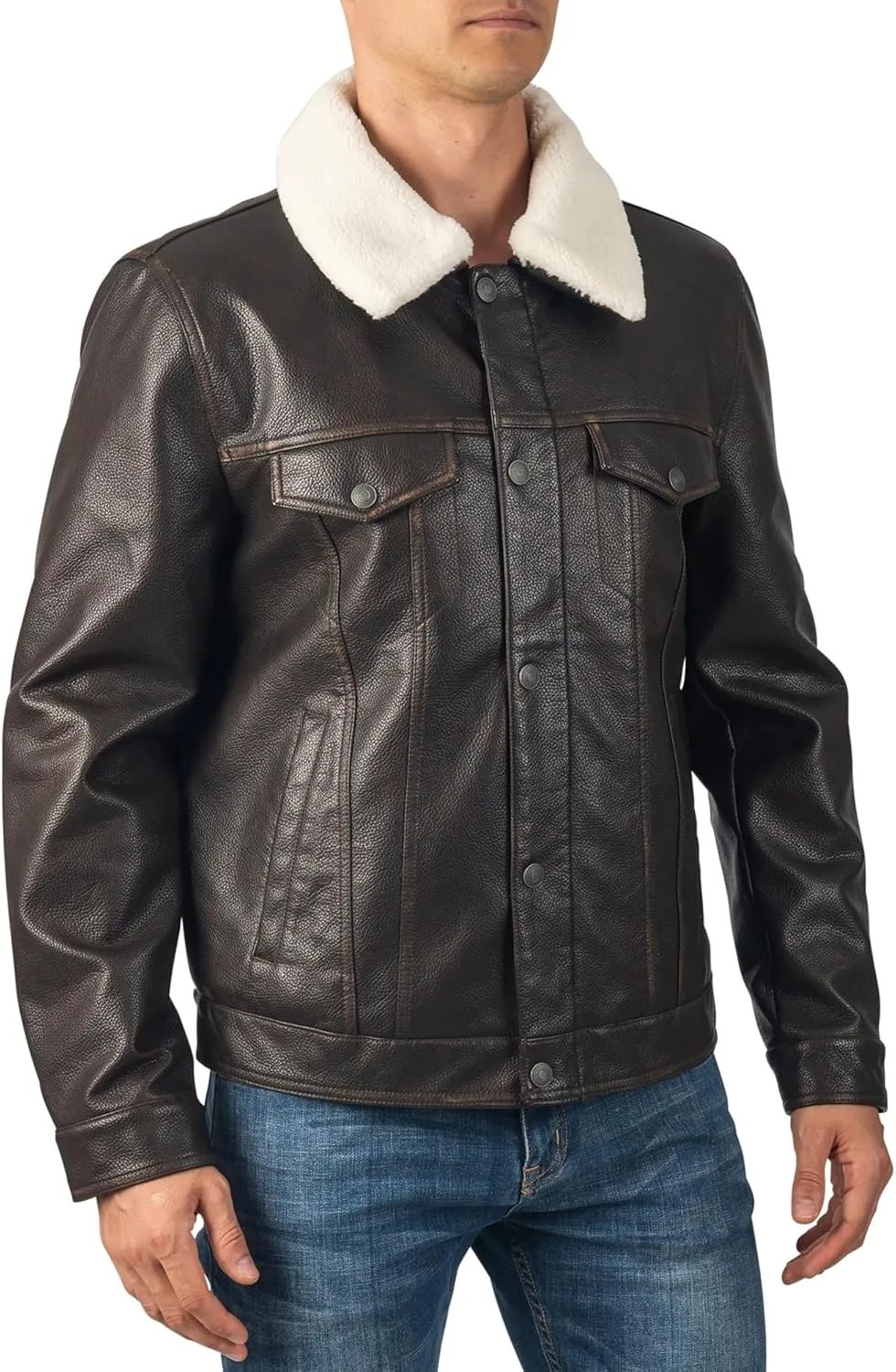 Alpine Swiss Aaron Mens Trucker Jacket Sherpa Collar Vegan Leather Warm Casual Coat