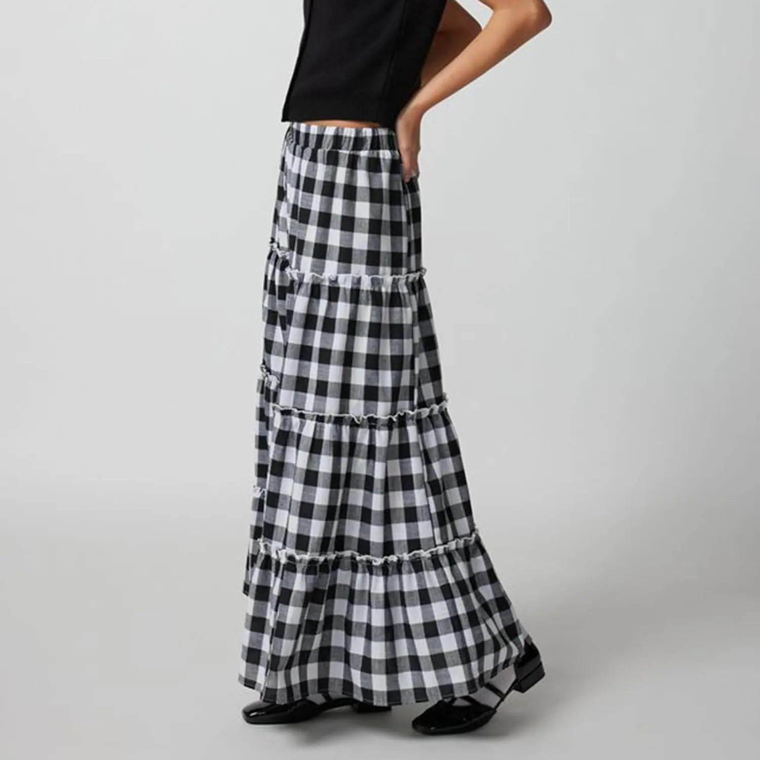 Awoscut Women's Vintage Y2k Long Plaid Skirt Casual Elastic Waist Ruffled Tiered Swing Midi Skirts E Gir Streetwear
