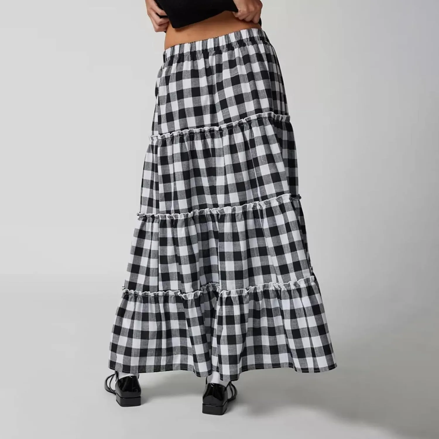 Awoscut Women's Vintage Y2k Long Plaid Skirt Casual Elastic Waist Ruffled Tiered Swing Midi Skirts E Gir Streetwear