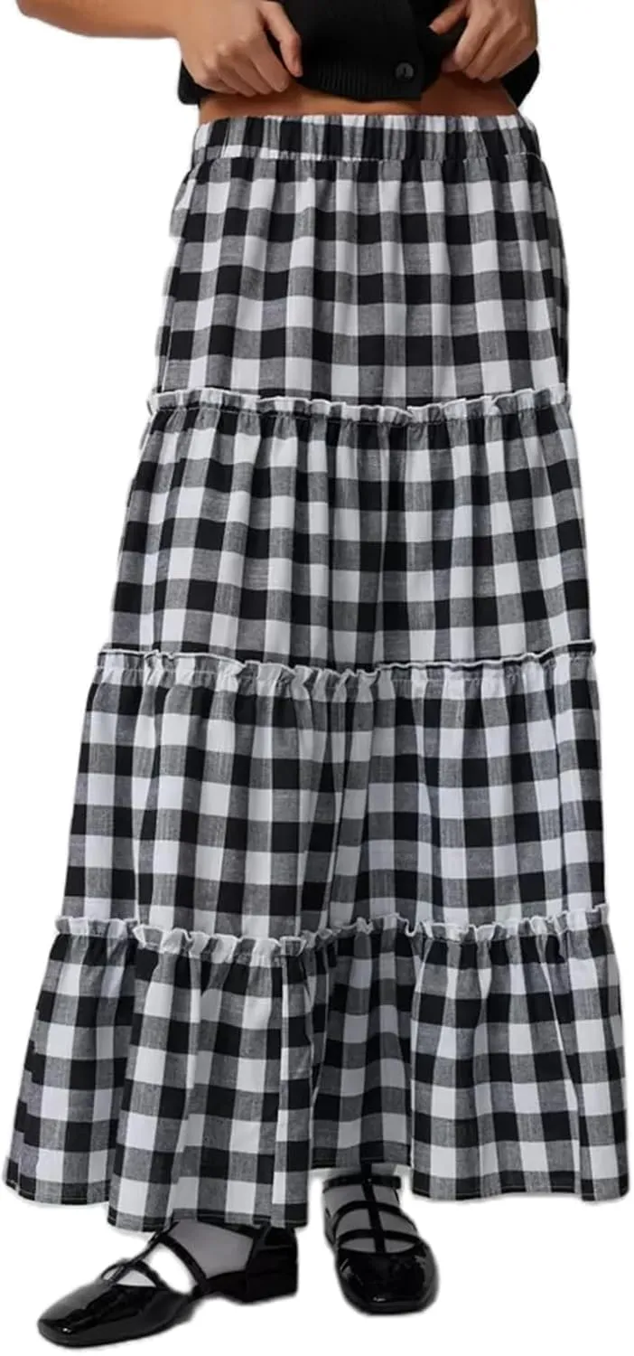 Awoscut Women's Vintage Y2k Long Plaid Skirt Casual Elastic Waist Ruffled Tiered Swing Midi Skirts E Gir Streetwear