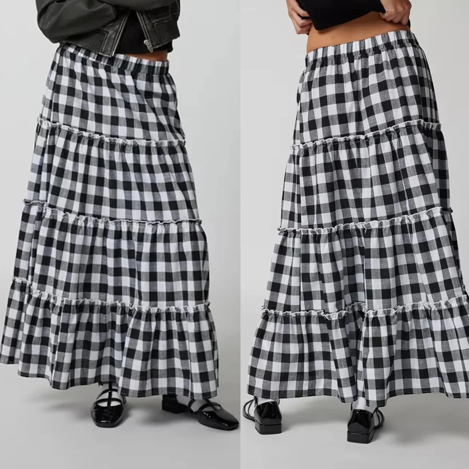 Awoscut Women's Vintage Y2k Long Plaid Skirt Casual Elastic Waist Ruffled Tiered Swing Midi Skirts E Gir Streetwear
