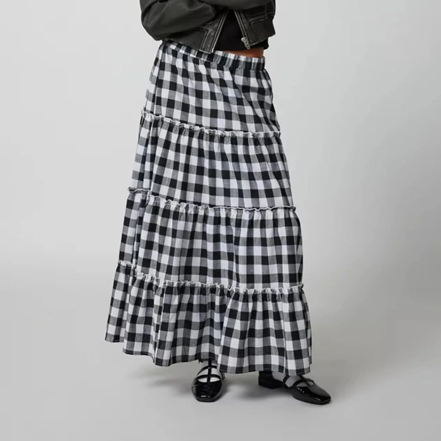 Awoscut Women's Vintage Y2k Long Plaid Skirt Casual Elastic Waist Ruffled Tiered Swing Midi Skirts E Gir Streetwear