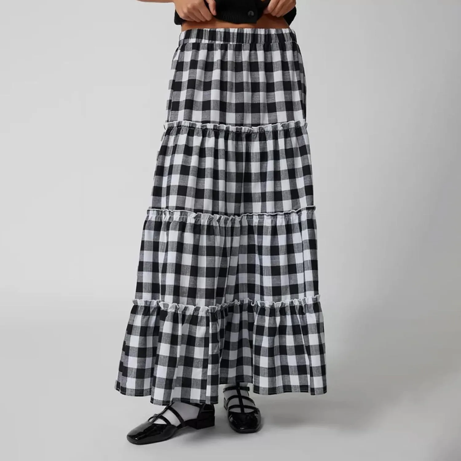 Awoscut Women's Vintage Y2k Long Plaid Skirt Casual Elastic Waist Ruffled Tiered Swing Midi Skirts E Gir Streetwear