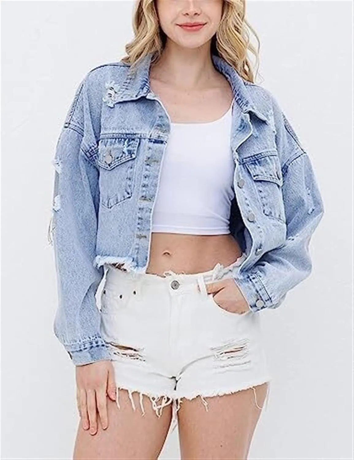 AYGJKIE Womens Cropped Rhinestone Fringe Denim Jacket Distressed Star Print Jean Jacket with Tassel Hem
