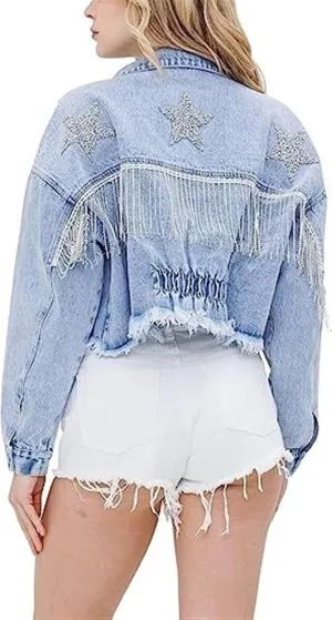 AYGJKIE Womens Cropped Rhinestone Fringe Denim Jacket Distressed Star Print Jean Jacket with Tassel Hem