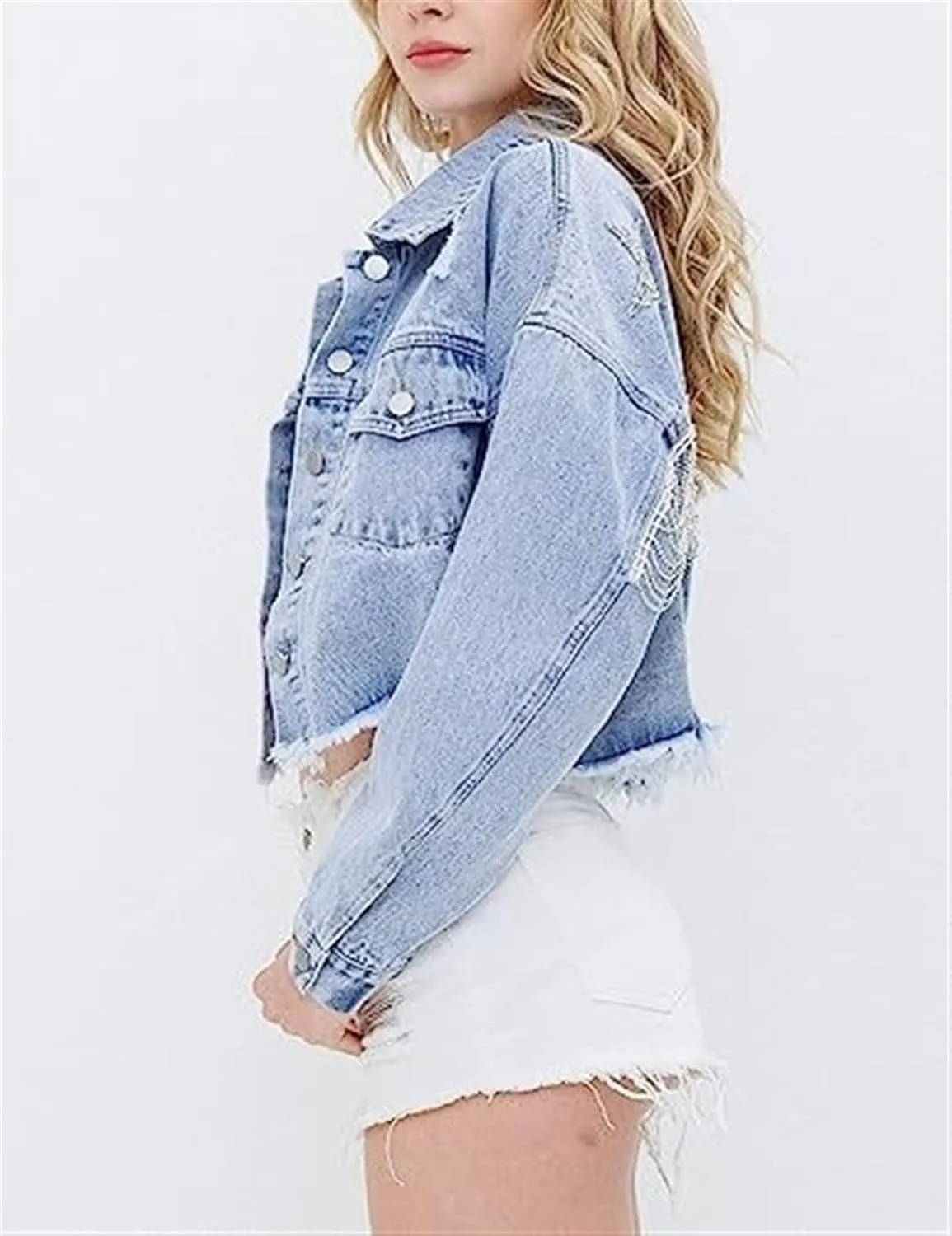 AYGJKIE Womens Cropped Rhinestone Fringe Denim Jacket Distressed Star Print Jean Jacket with Tassel Hem