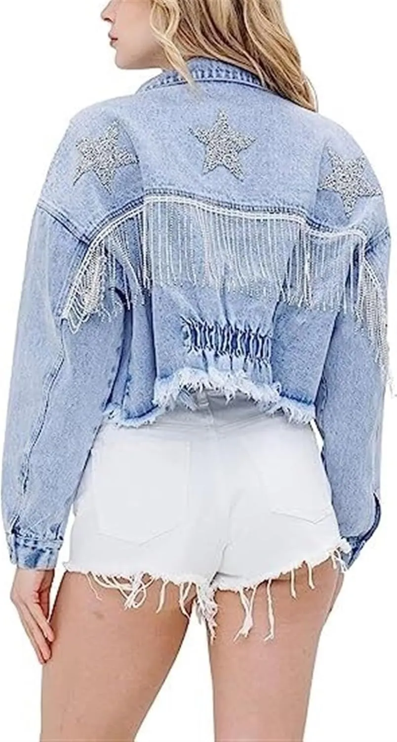 AYGJKIE Womens Cropped Rhinestone Fringe Denim Jacket Distressed Star Print Jean Jacket with Tassel Hem