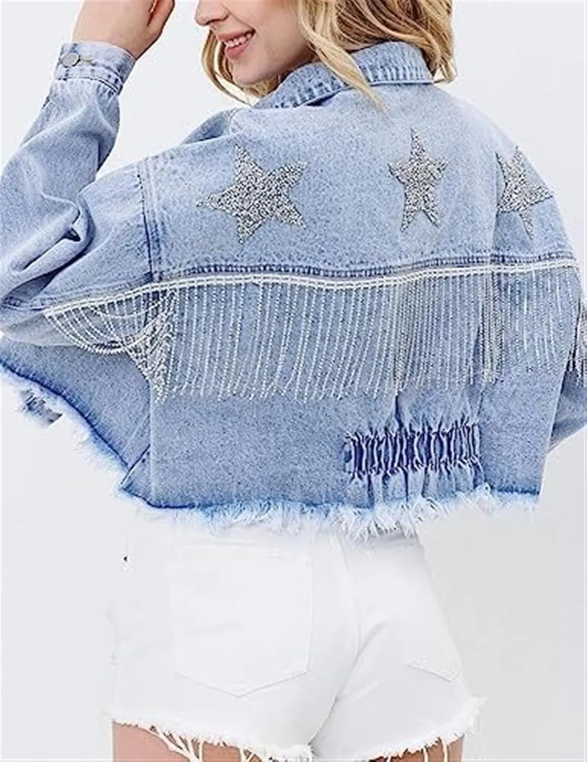 AYGJKIE Womens Cropped Rhinestone Fringe Denim Jacket Distressed Star Print Jean Jacket with Tassel Hem