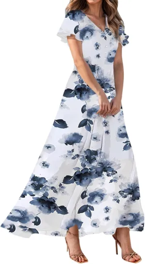 Boho Dresses for Women 2025 Summer Short Sleeve Maxi Dress V Neck Split Casual Beach Long Dresses Vacation Outfits