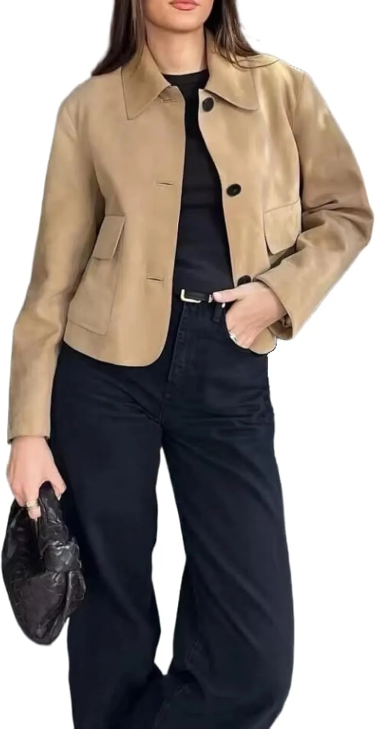 Brown Faux Leather Jacket Women Fall Fashion Old Money Aesthetic Winter Blazers Cropped Trench Coat Y2K Suede Jacket