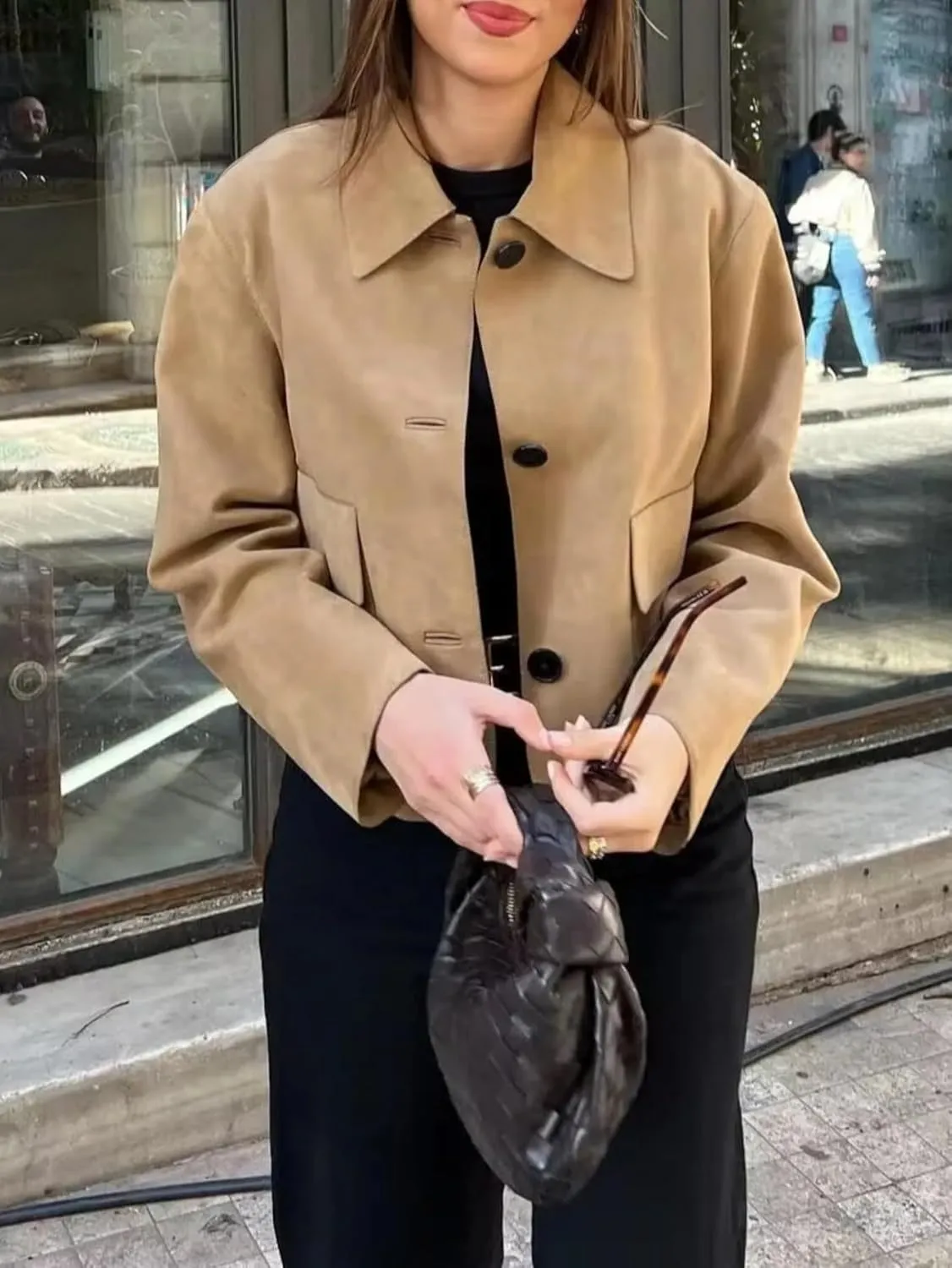 Brown Faux Leather Jacket Women Fall Fashion Old Money Aesthetic Winter Blazers Cropped Trench Coat Y2K Suede Jacket