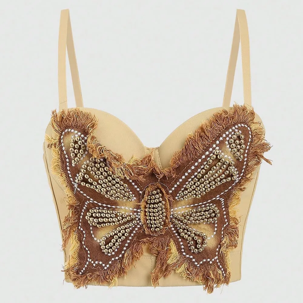 Butterfly Beaded Tube Top for Women Outerwear Fishbone Corset Camisole