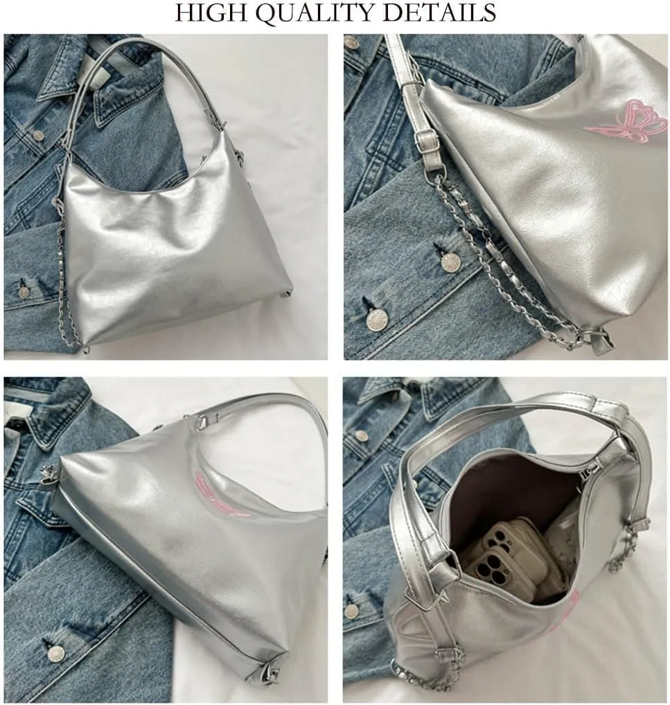 Butterfly Embroidered Hobo Shoulder Bag for Women Y2k Slouchy Hobo Handbags Leather Casual Soft Clutch Purse