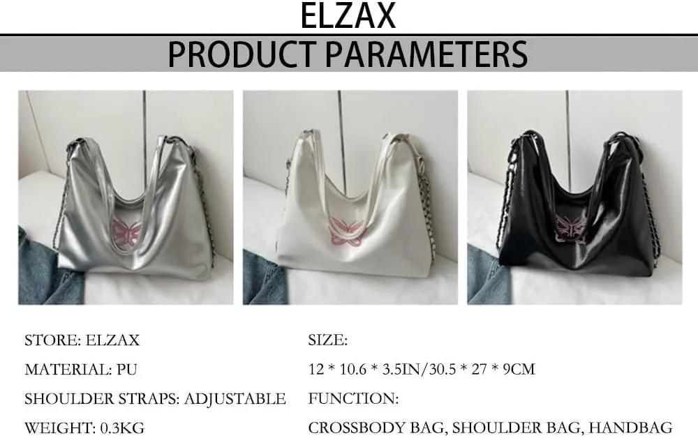 Butterfly Embroidered Hobo Shoulder Bag for Women Y2k Slouchy Hobo Handbags Leather Casual Soft Clutch Purse