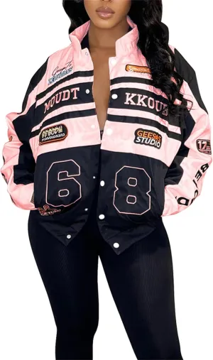 CALEBGAR Women Varsity Jacket Motorcycle Detachable Letter Graphic Racer Vintage Colorblock Baseball Coats Streetwear