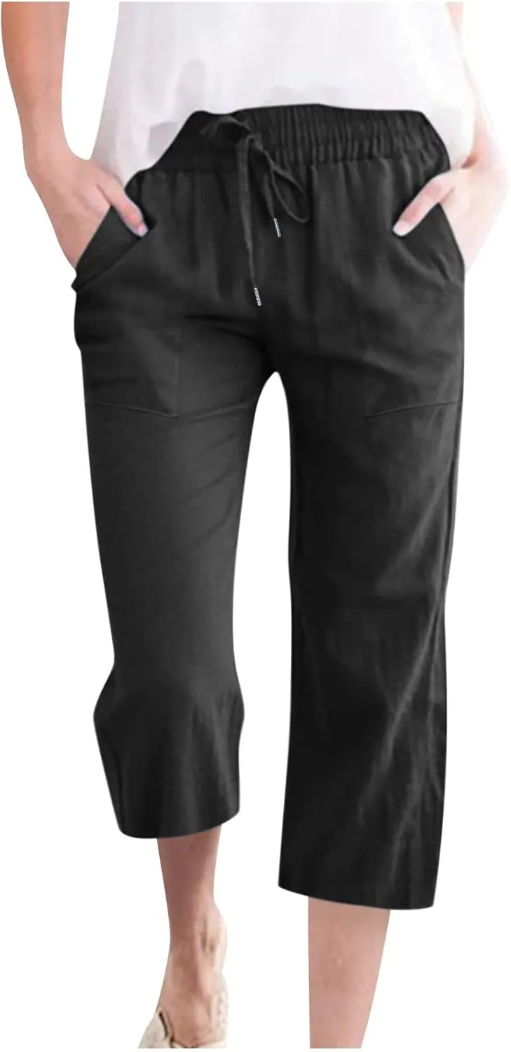 Capri Pant for Women 2024 Casual Trendy Summer Drawstring Elastic Waist Linen Pant Straight Wide Leg Cropped Trouser