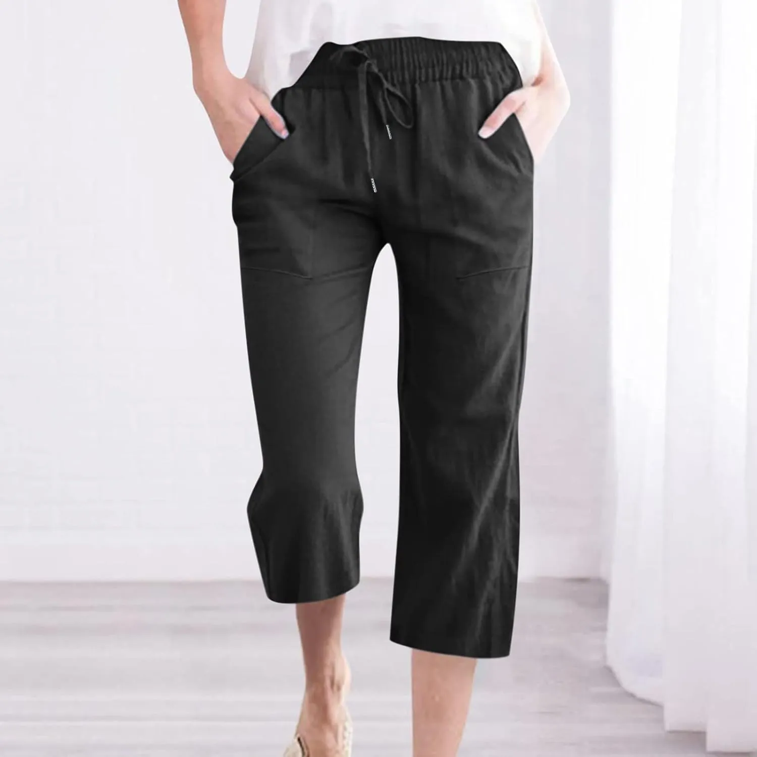 Capri Pant for Women 2024 Casual Trendy Summer Drawstring Elastic Waist Linen Pant Straight Wide Leg Cropped Trouser