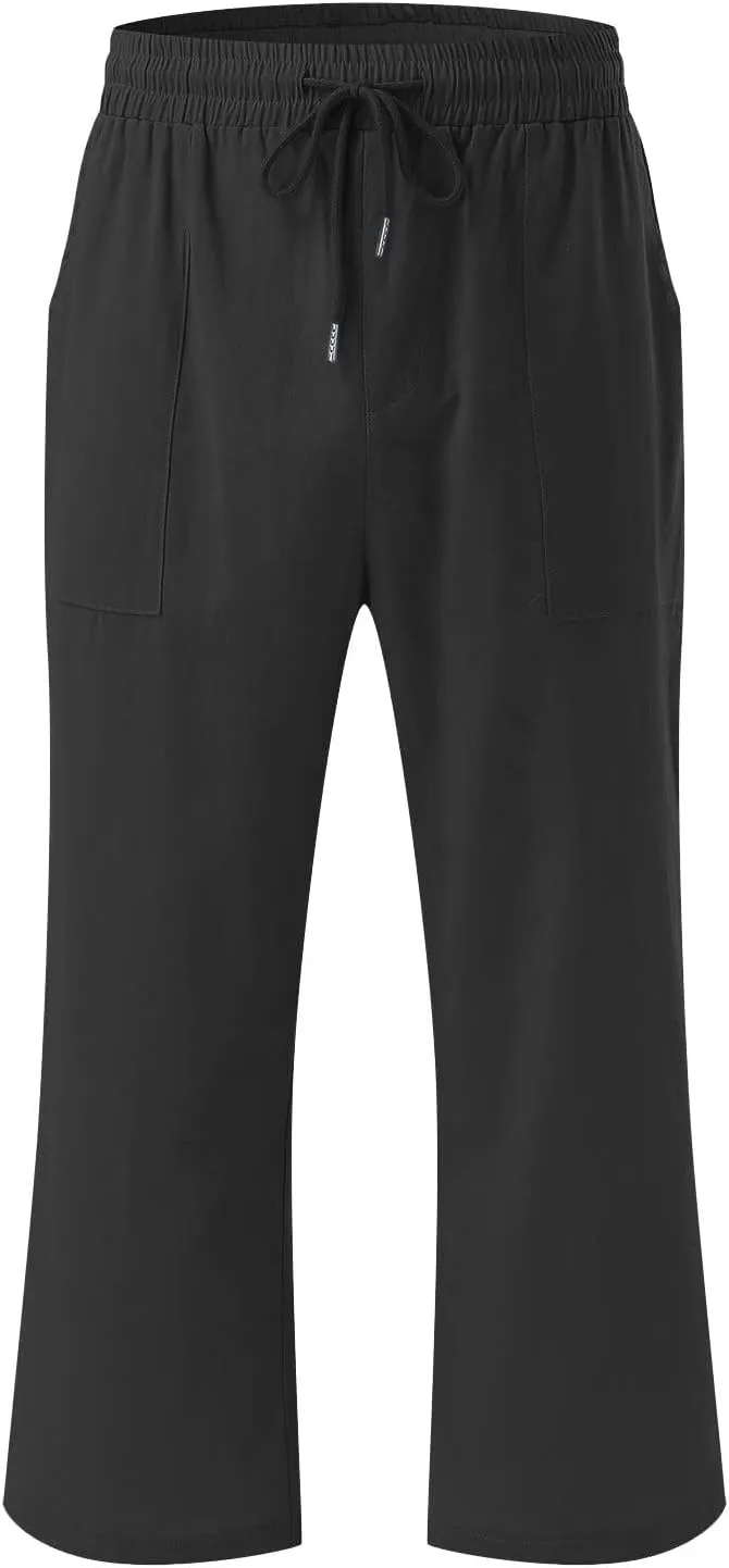 Capri Pant for Women 2024 Casual Trendy Summer Drawstring Elastic Waist Linen Pant Straight Wide Leg Cropped Trouser