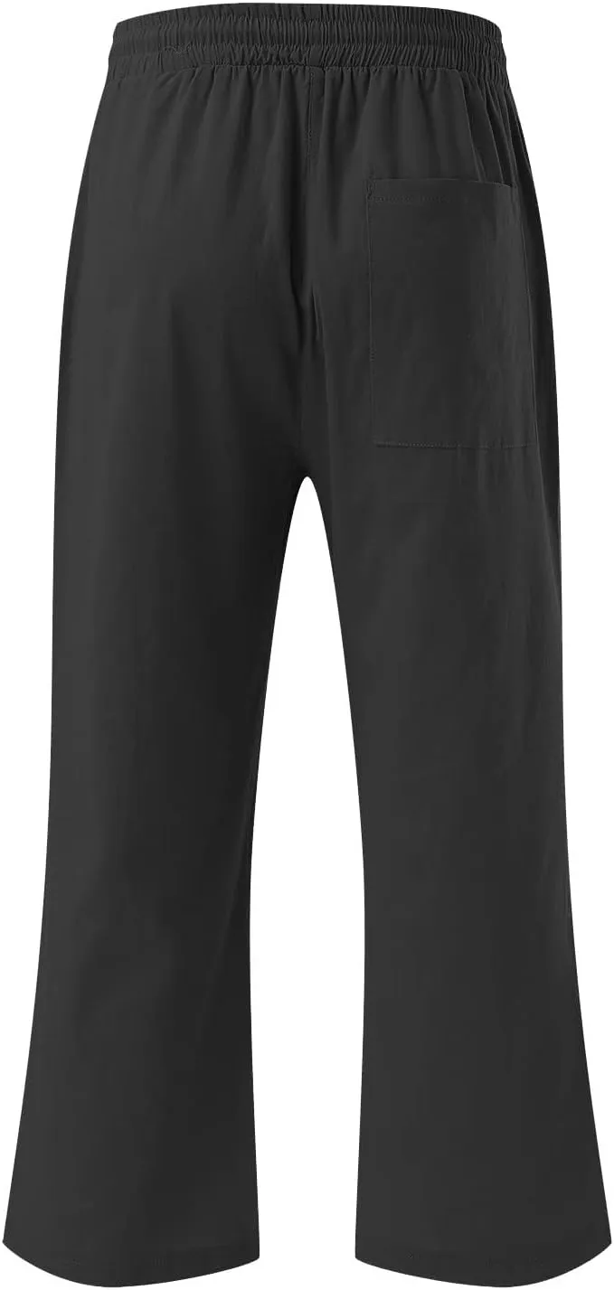 Capri Pant for Women 2024 Casual Trendy Summer Drawstring Elastic Waist Linen Pant Straight Wide Leg Cropped Trouser