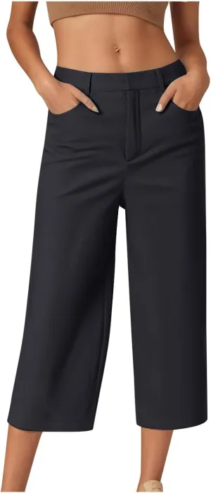 Capri Pants for Women Business Casual Loose Fit Work Cropped Trousers High Waisted Stretchy Capris with Pockets