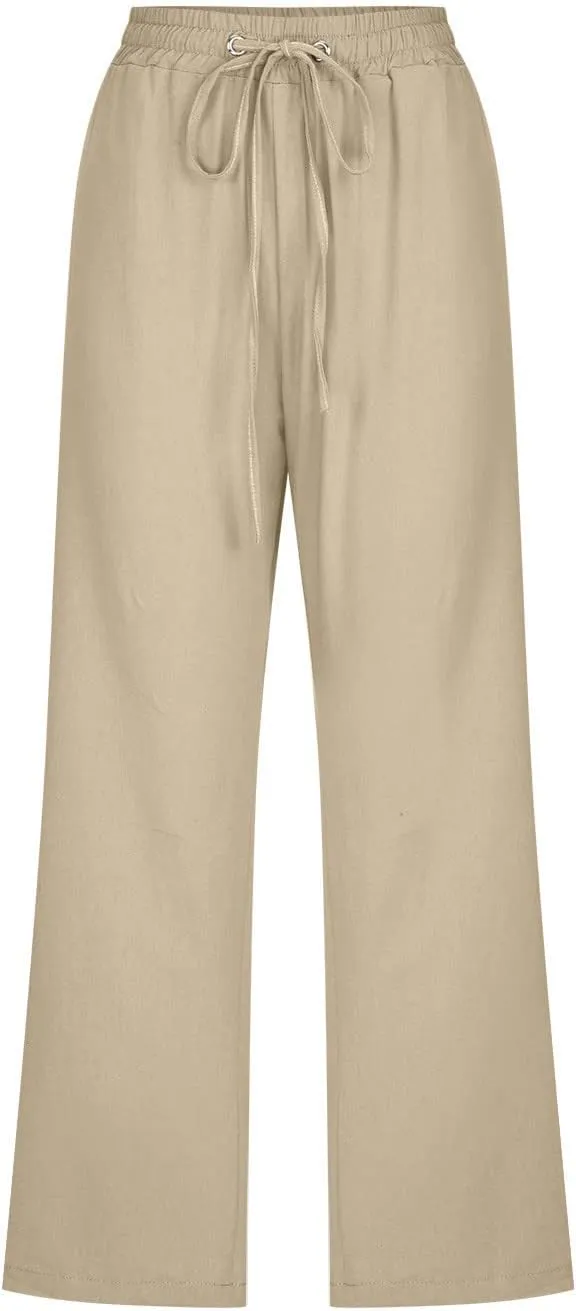 Capri Pants for Women Casual 2025 Summer Drawstring Elastic Waist Linen Pant Straight Wide Leg Pocket Cropped Trouser