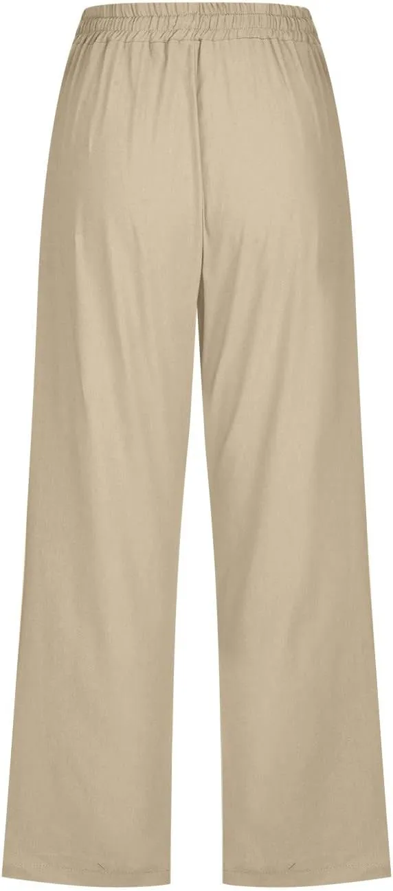 Capri Pants for Women Casual 2025 Summer Drawstring Elastic Waist Linen Pant Straight Wide Leg Pocket Cropped Trouser