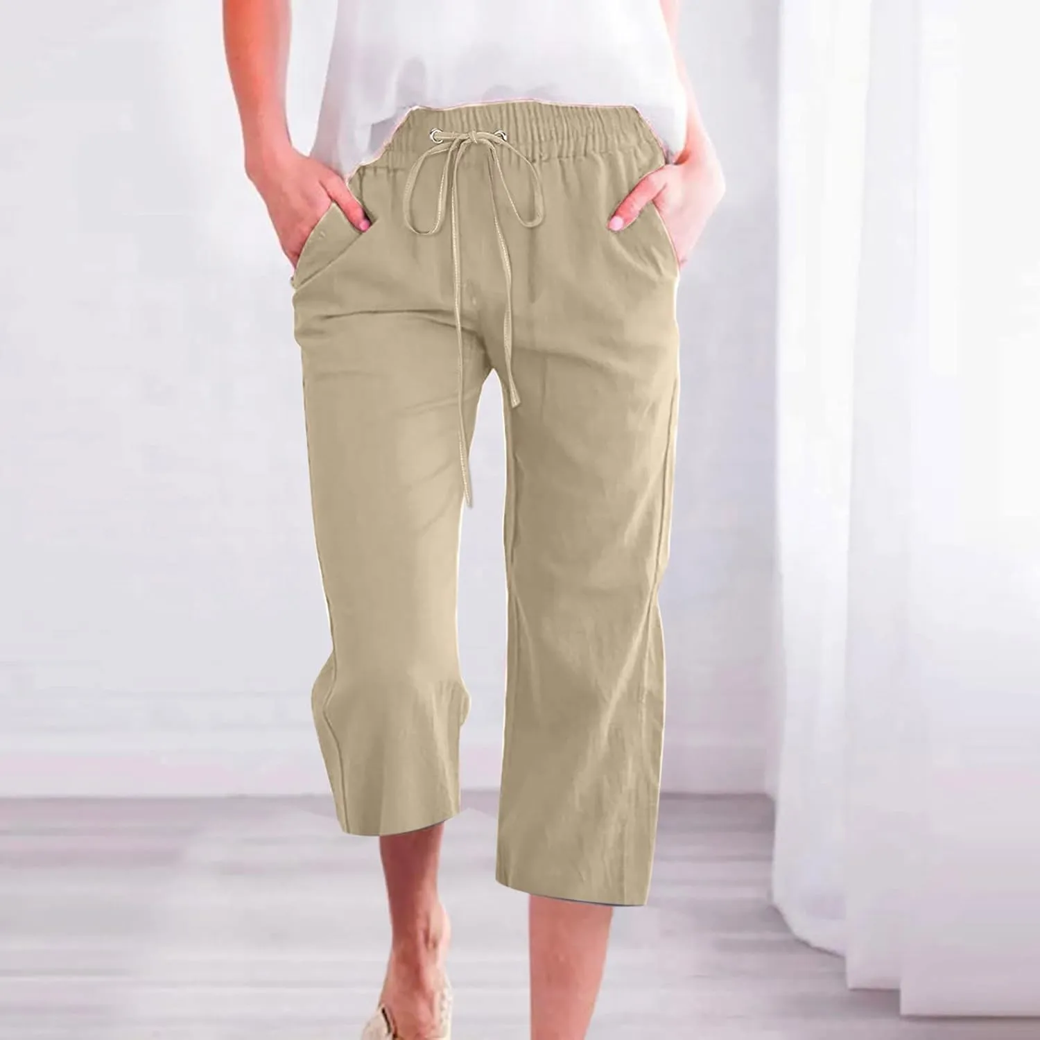 Capri Pants for Women Casual 2025 Summer Drawstring Elastic Waist Linen Pant Straight Wide Leg Pocket Cropped Trouser