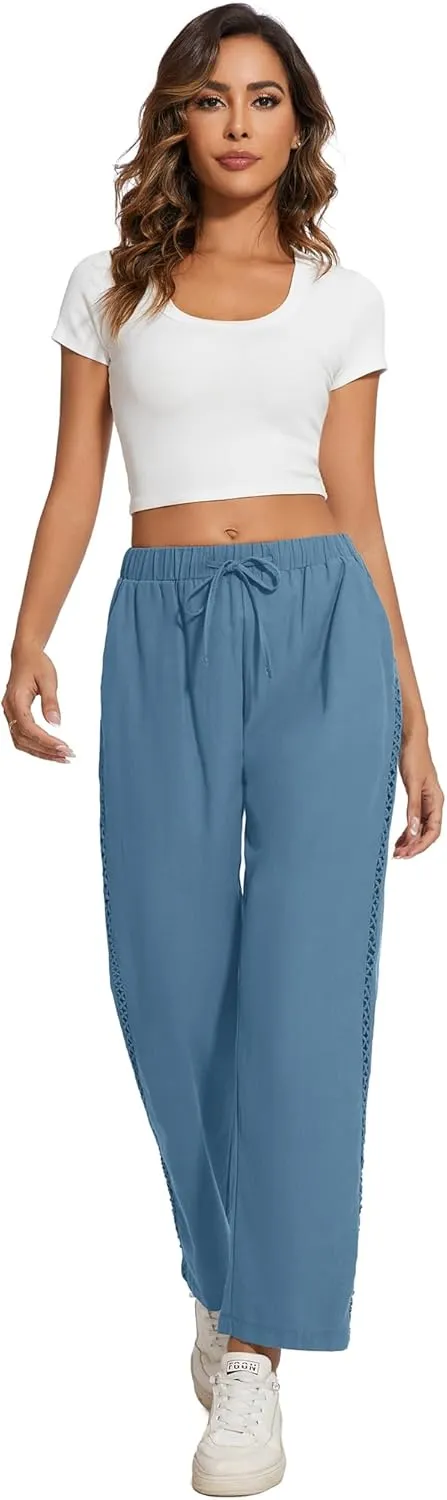 Casual Capris for Women Trendy Lightweight Wide Leg Loose Fit Pants Drawstring Crop Pants with Pockets