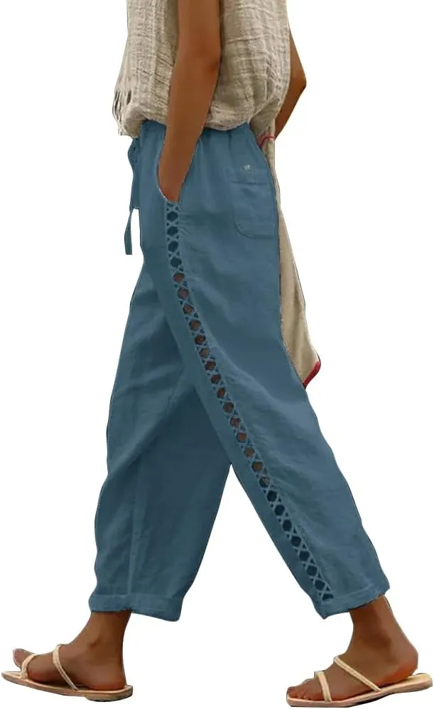 Casual Capris for Women Trendy Lightweight Wide Leg Loose Fit Pants Drawstring Crop Pants with Pockets