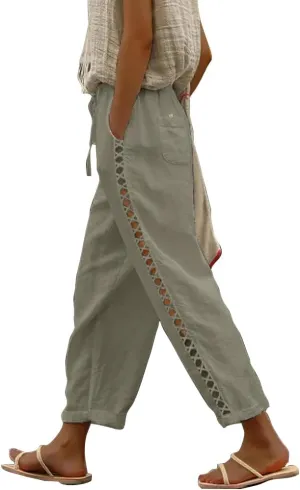 Casual Capris for Women Trendy Lightweight Wide Leg Loose Fit Pants Drawstring Crop Pants with Pockets
