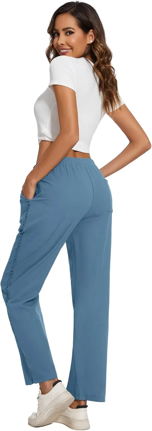 Casual Capris for Women Trendy Lightweight Wide Leg Loose Fit Pants Drawstring Crop Pants with Pockets