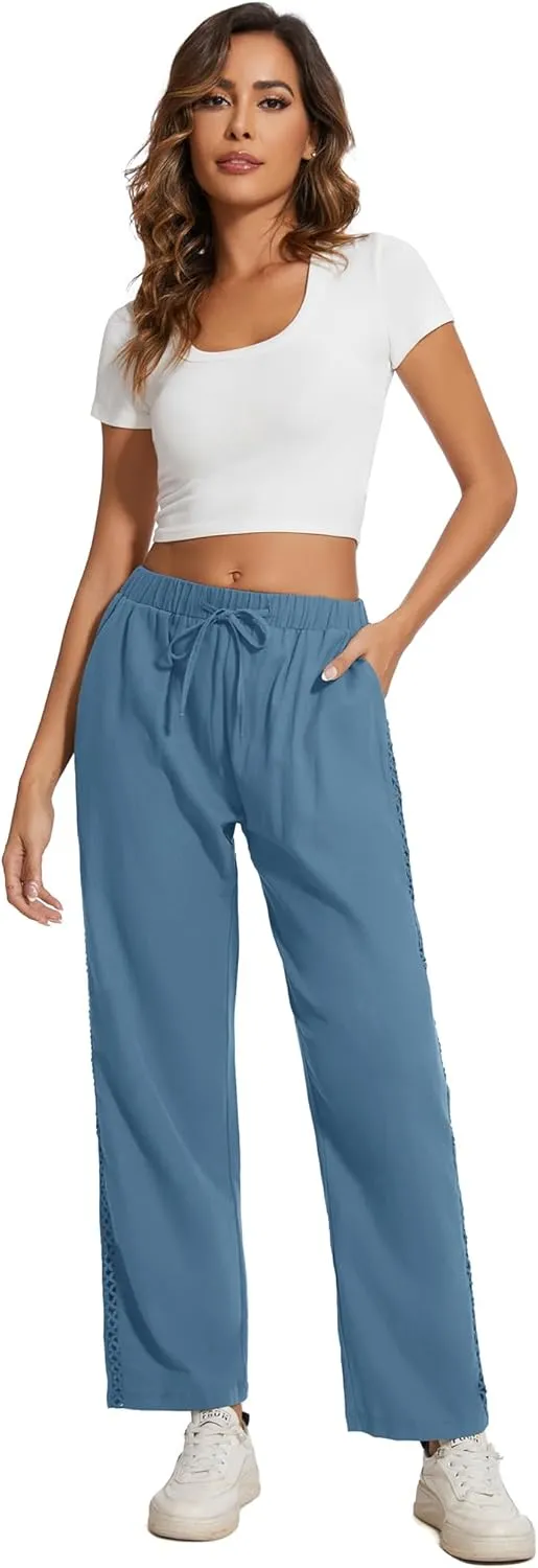 Casual Capris for Women Trendy Lightweight Wide Leg Loose Fit Pants Drawstring Crop Pants with Pockets