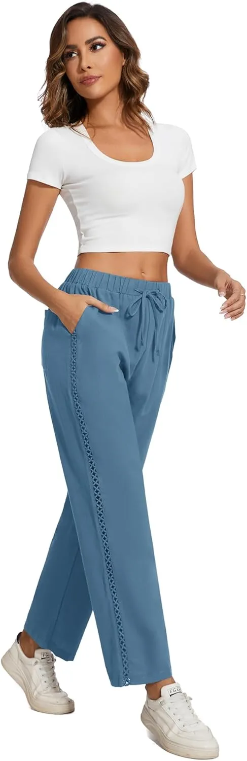Casual Capris for Women Trendy Lightweight Wide Leg Loose Fit Pants Drawstring Crop Pants with Pockets