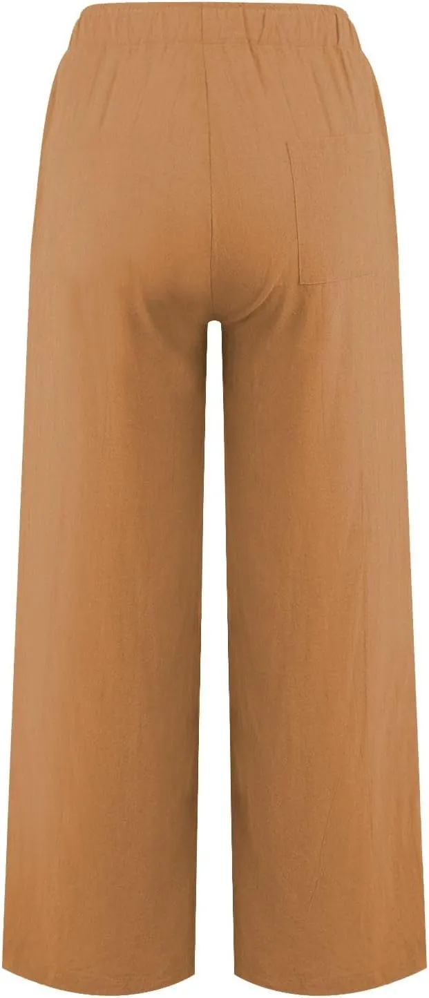 Casual Cotton Linen Pants Women Summer High Waisted Flowy Palazzo Pants Boho Loose Wide Leg Beach Pants with Pockets