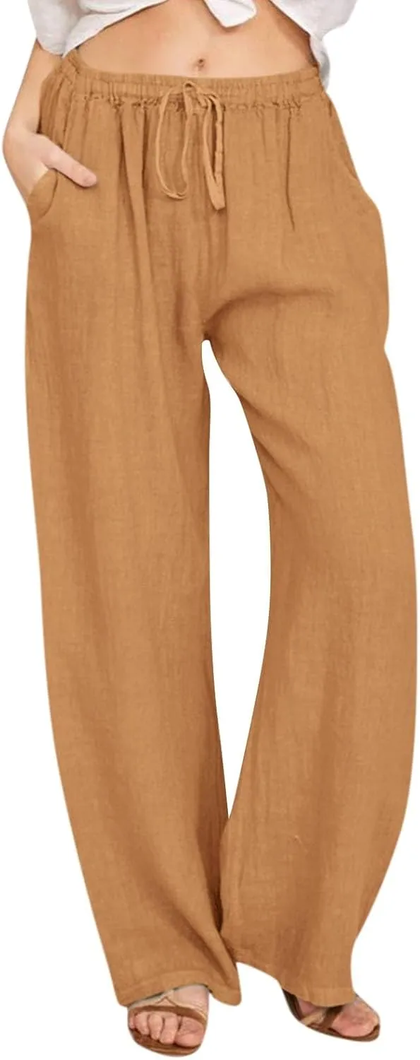 Casual Cotton Linen Pants Women Summer High Waisted Flowy Palazzo Pants Boho Loose Wide Leg Beach Pants with Pockets